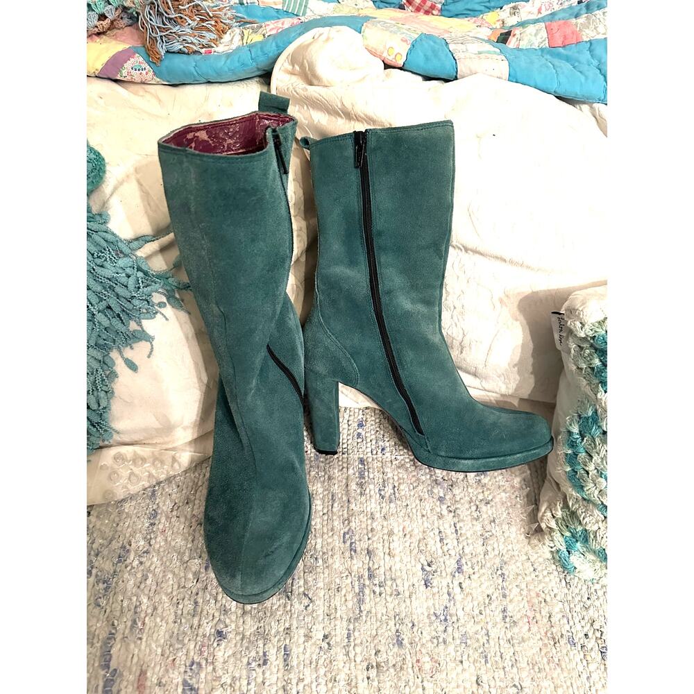 VINTAGE BLUE SUEDE LEATHER PLATFORM BOOTS 4" HEELS SIZE 8